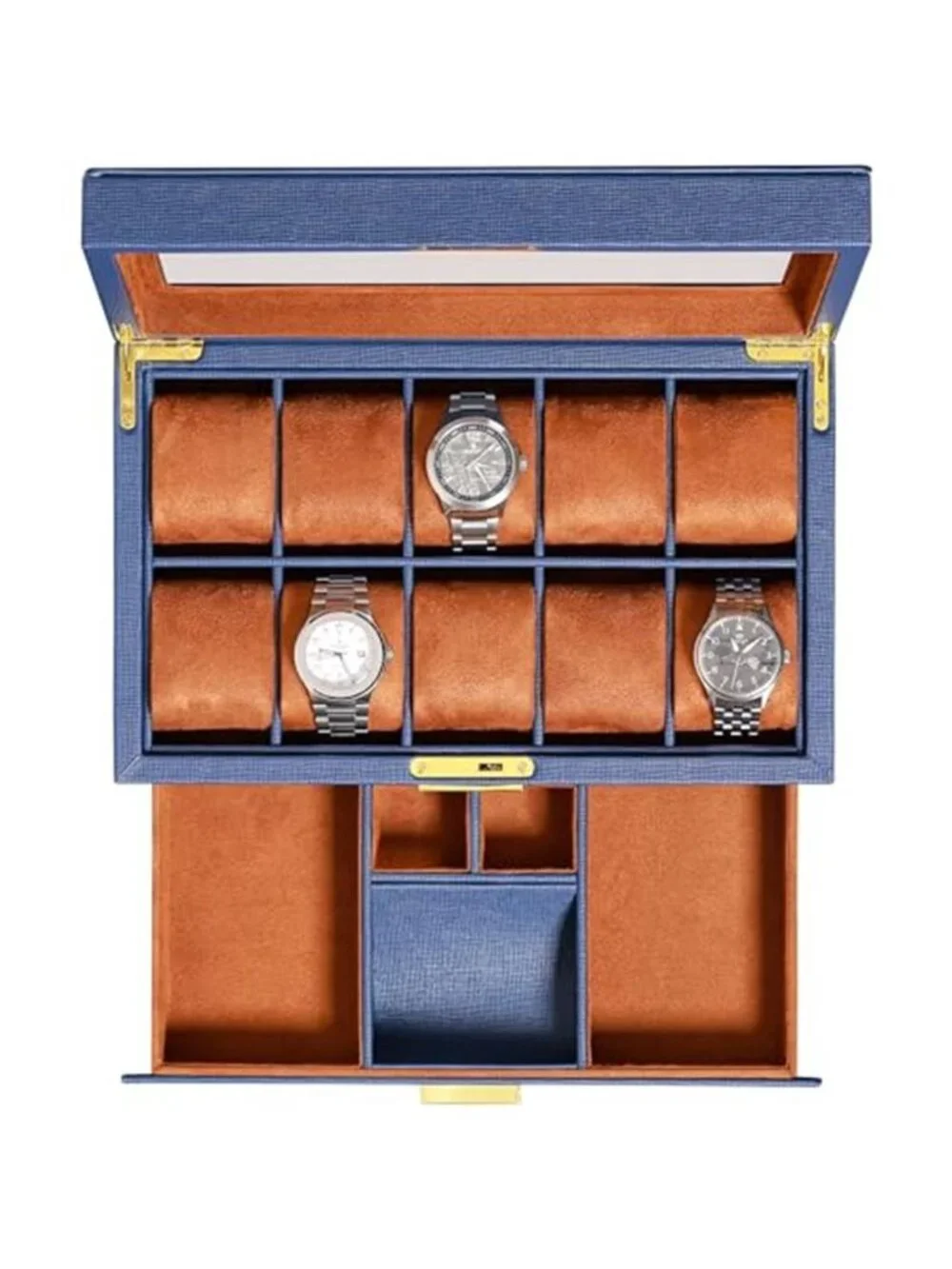 ROTHWELL 10-Slot Watch Box in Leather with Valet Drawer, Luxury Watch Case